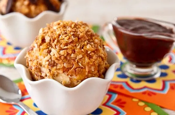 “Fried” Ice cream with Cinnamon Chocolate Sauce